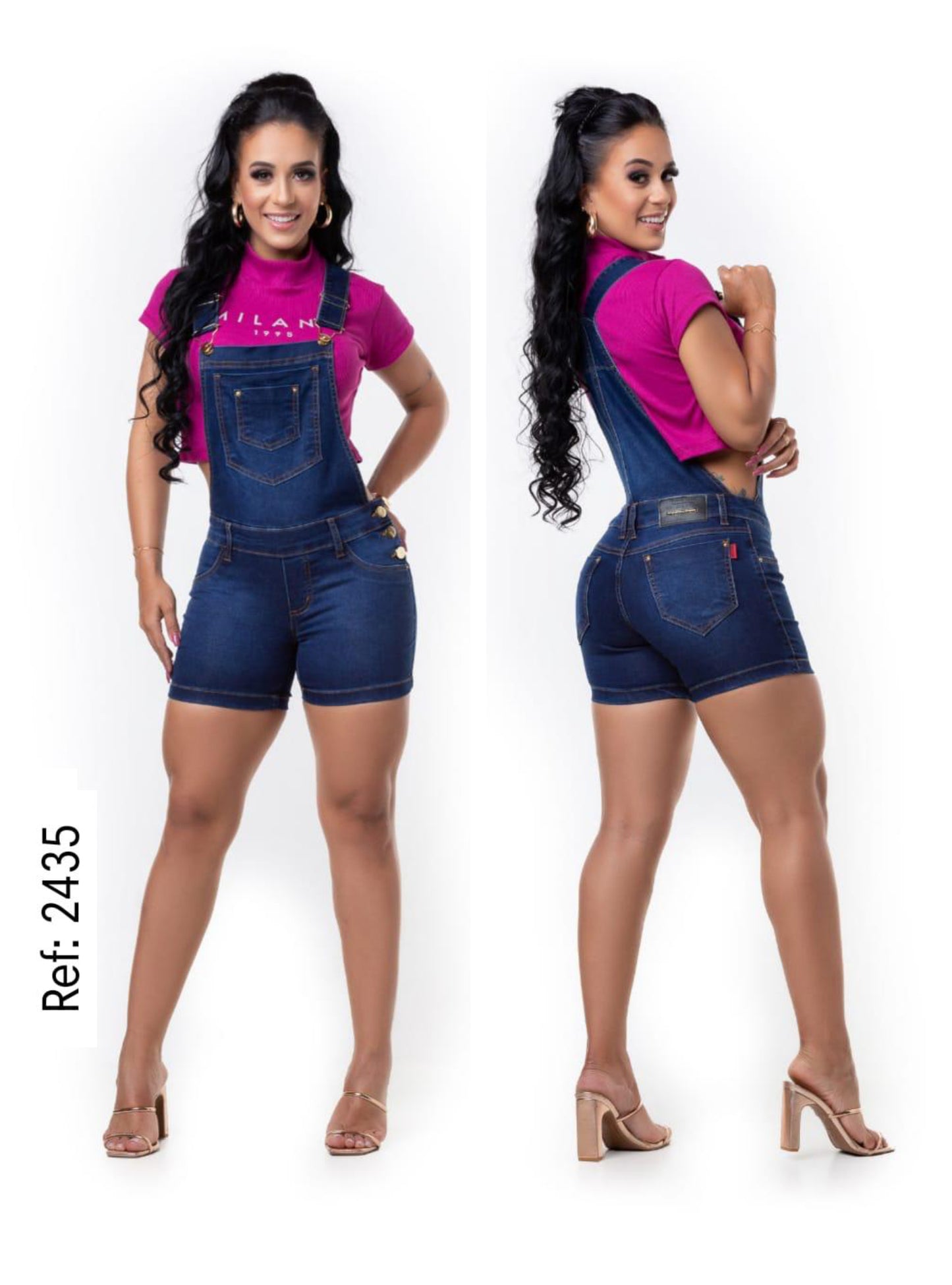 Jardineira Short Curto Azul Jeans lycra com Bojo Levanta Bumbum