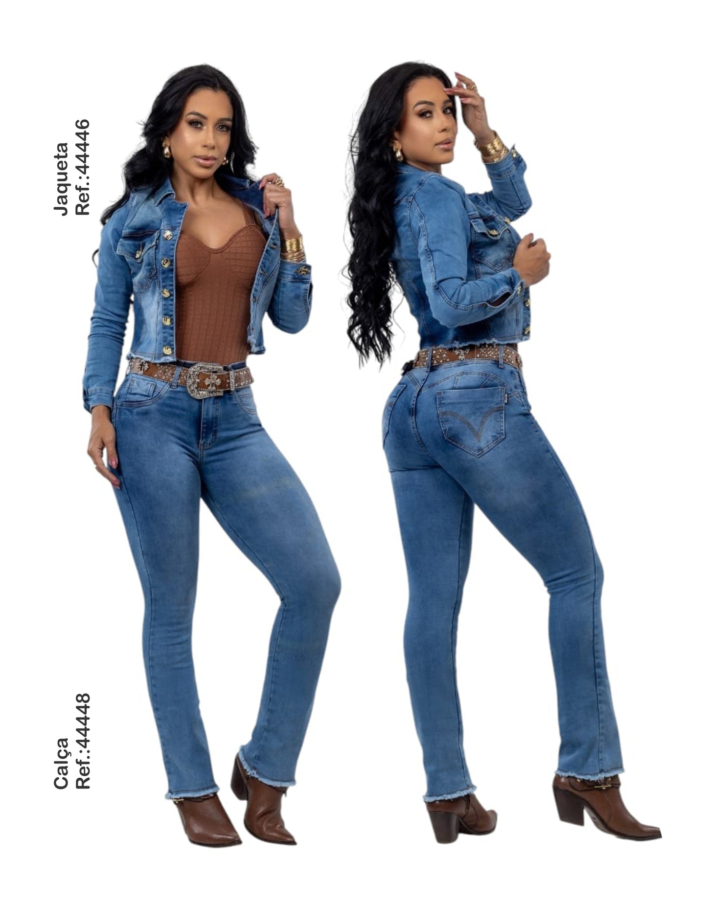 kit Jaqueta e Calça Reta Jeans Lycra Com Bojo Modela Bubum Set For