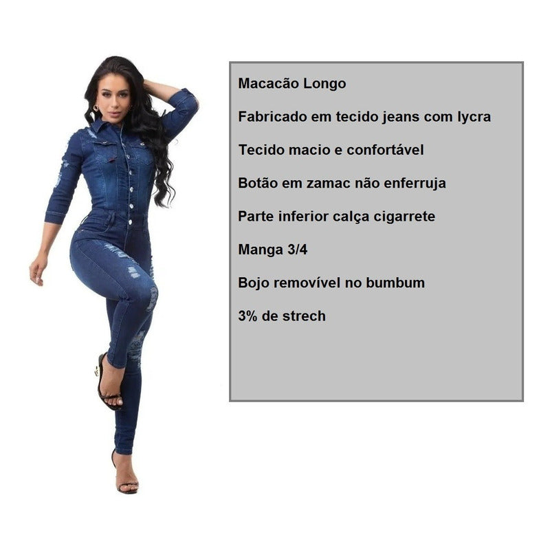Macacão Feminino Comprido Jeans Lycra Strech Bojo Removivel