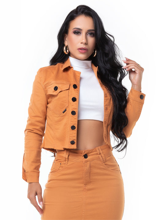 Jaqueta Feminina Manga Longa Ocre Brim C/lycra