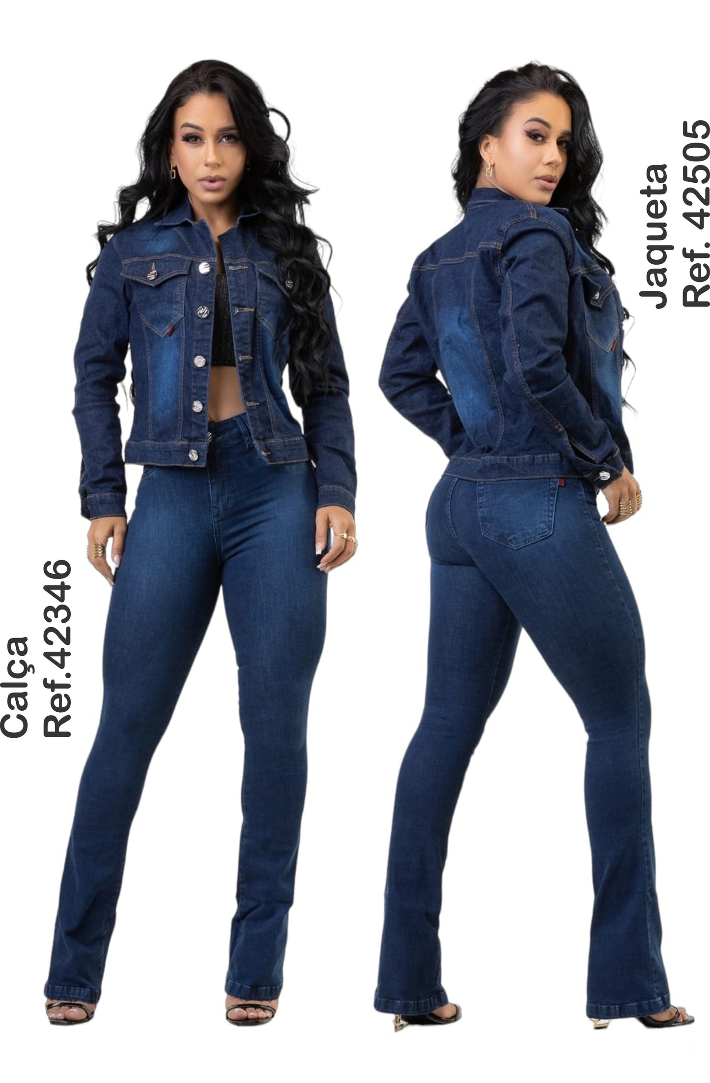 kit Jaqueta e Calça Flare Jeans Lycra Com Bojo Modela Bubum Set For