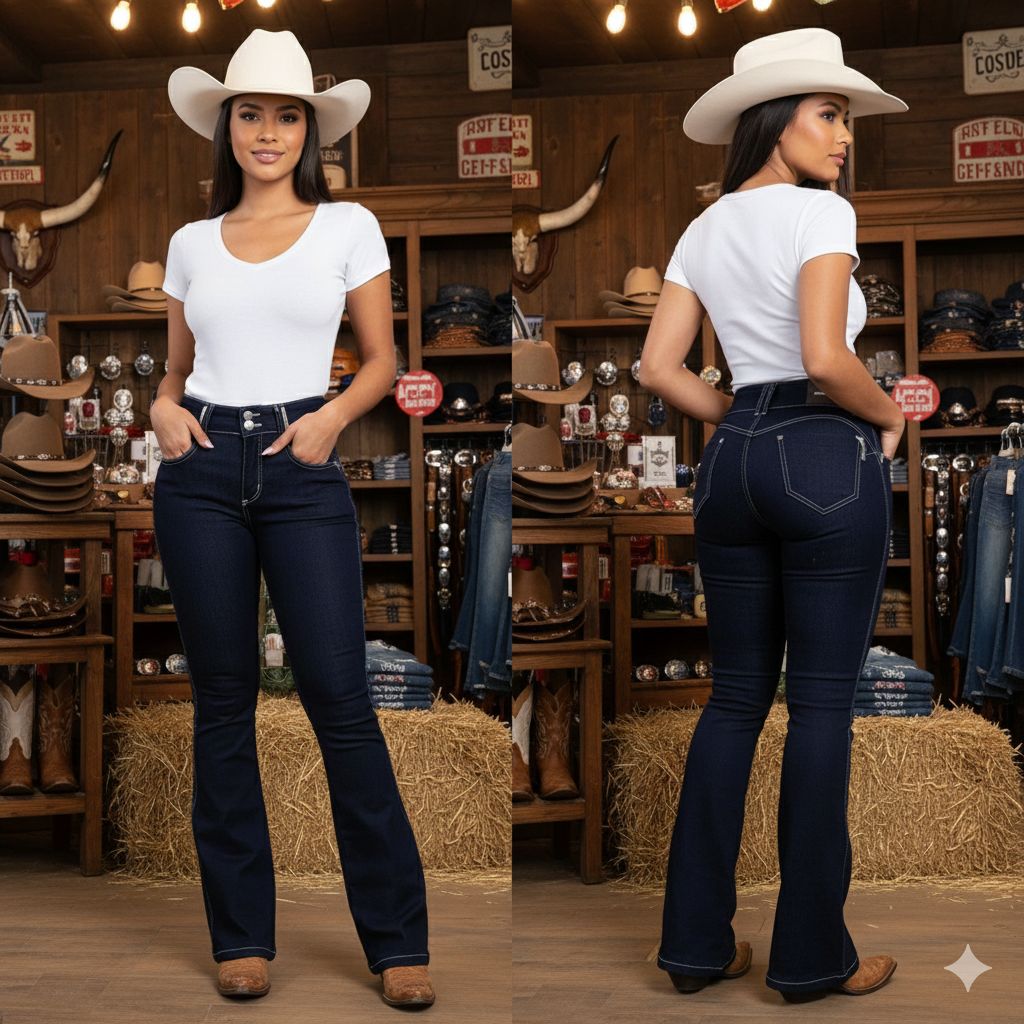 calca-flare-country-feminina-ana-castela-ariat-tassa-cavalgada-vaquejada-jeans-grosso-original-bordada-barra-larga