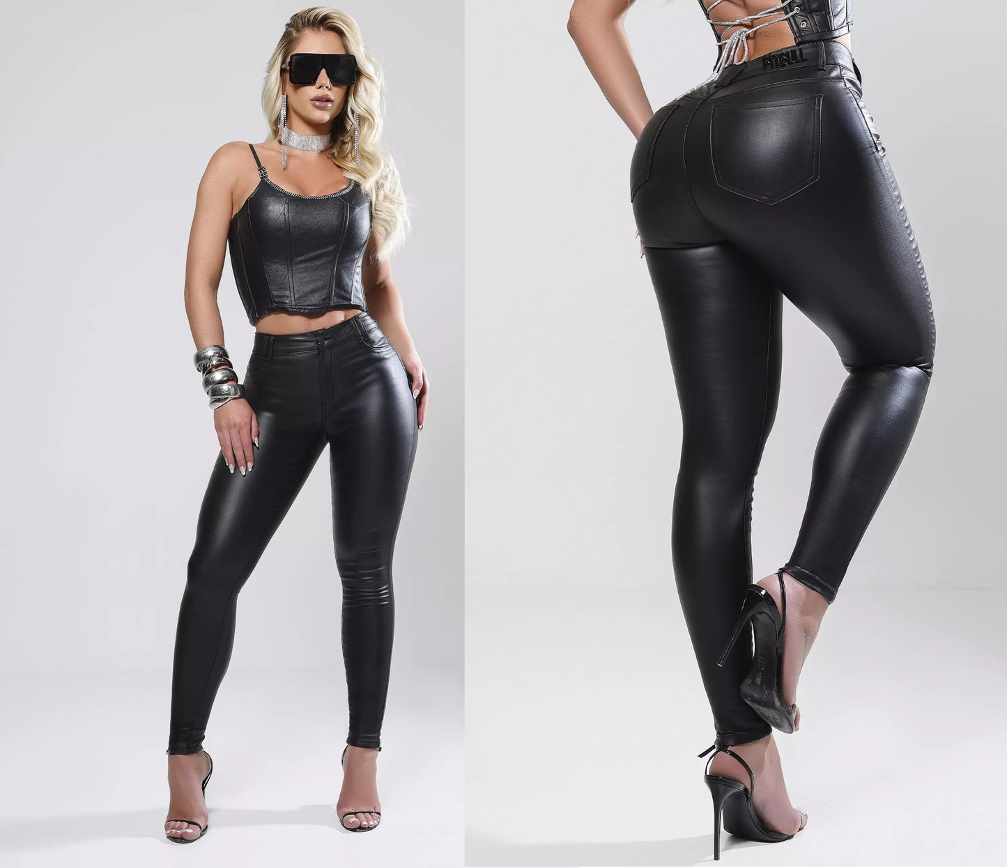 Calça Feminina Pit Bull Couro Resinada Jeans Com lycra