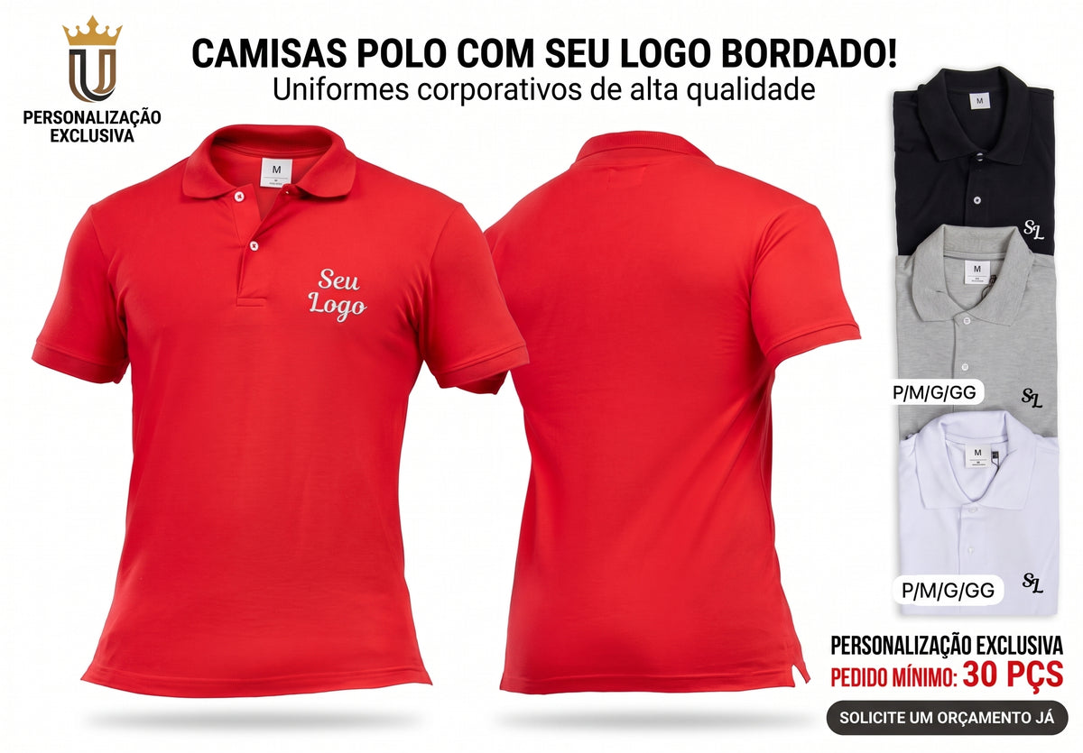 Camiseta polo masculina para uniforme de empresa personalizada com logo em tecido piquet nas cores preto, vermelho, cinza e branco