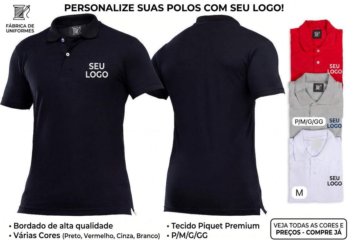 Camiseta gola polo masculina feminina personalizada para uniforme em tecido piquet com logo bordado