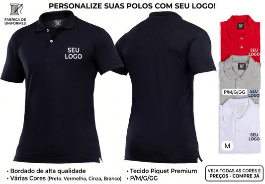 Camiseta gola polo masculina feminina personalizada para uniforme em tecido piquet com logo bordado