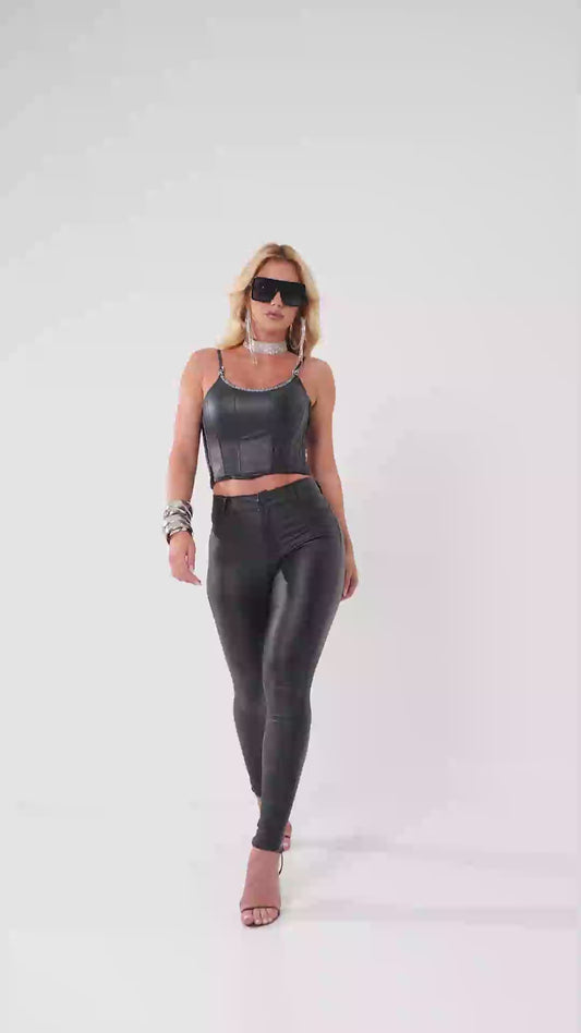 Calça Feminina Pit Bull Couro Resinada Jeans Com lycra