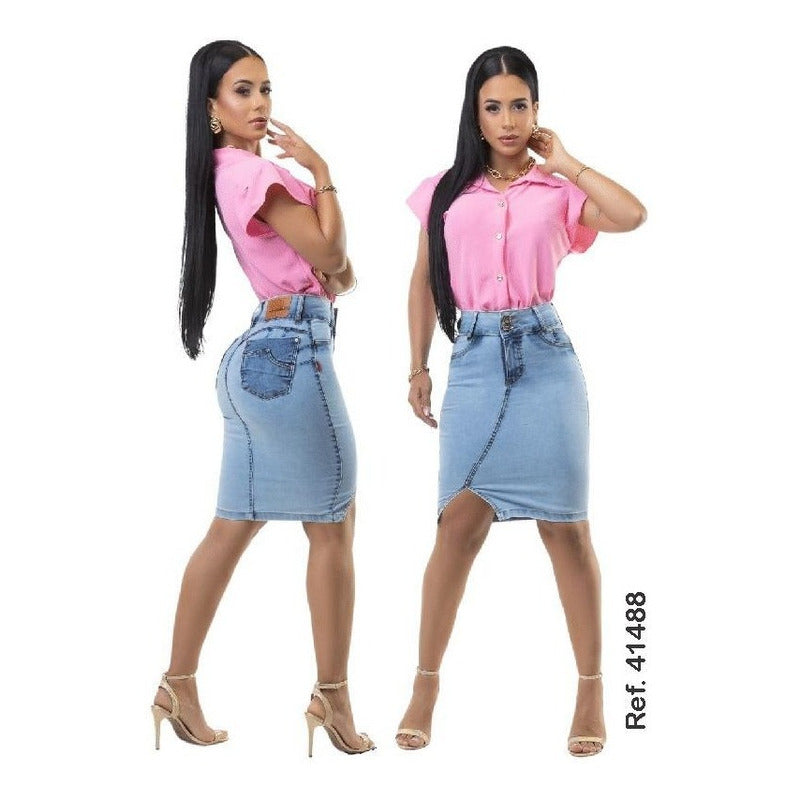 Saia Secretária Jeans Lycra Set For Original