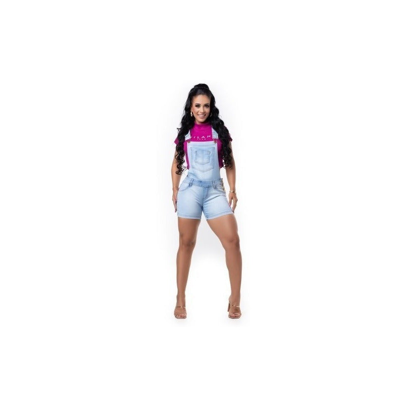 Jardineira Short Curto Azul Jeans lycra com Bojo Levanta Bumbum