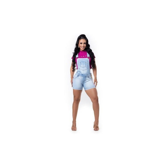 Jardineira Short Curto Azul Jeans lycra com Bojo Levanta Bumbum