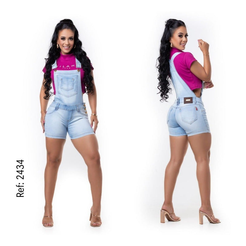 Jardineira Short Curto Azul Jeans lycra com Bojo Levanta Bumbum